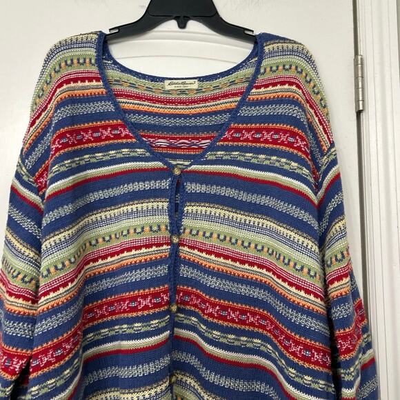 Eddie Bauer Vtg 90s Linen Cotton Knit Sweater Southwestern Boho Cardigan 2X - Picture 4 of 14